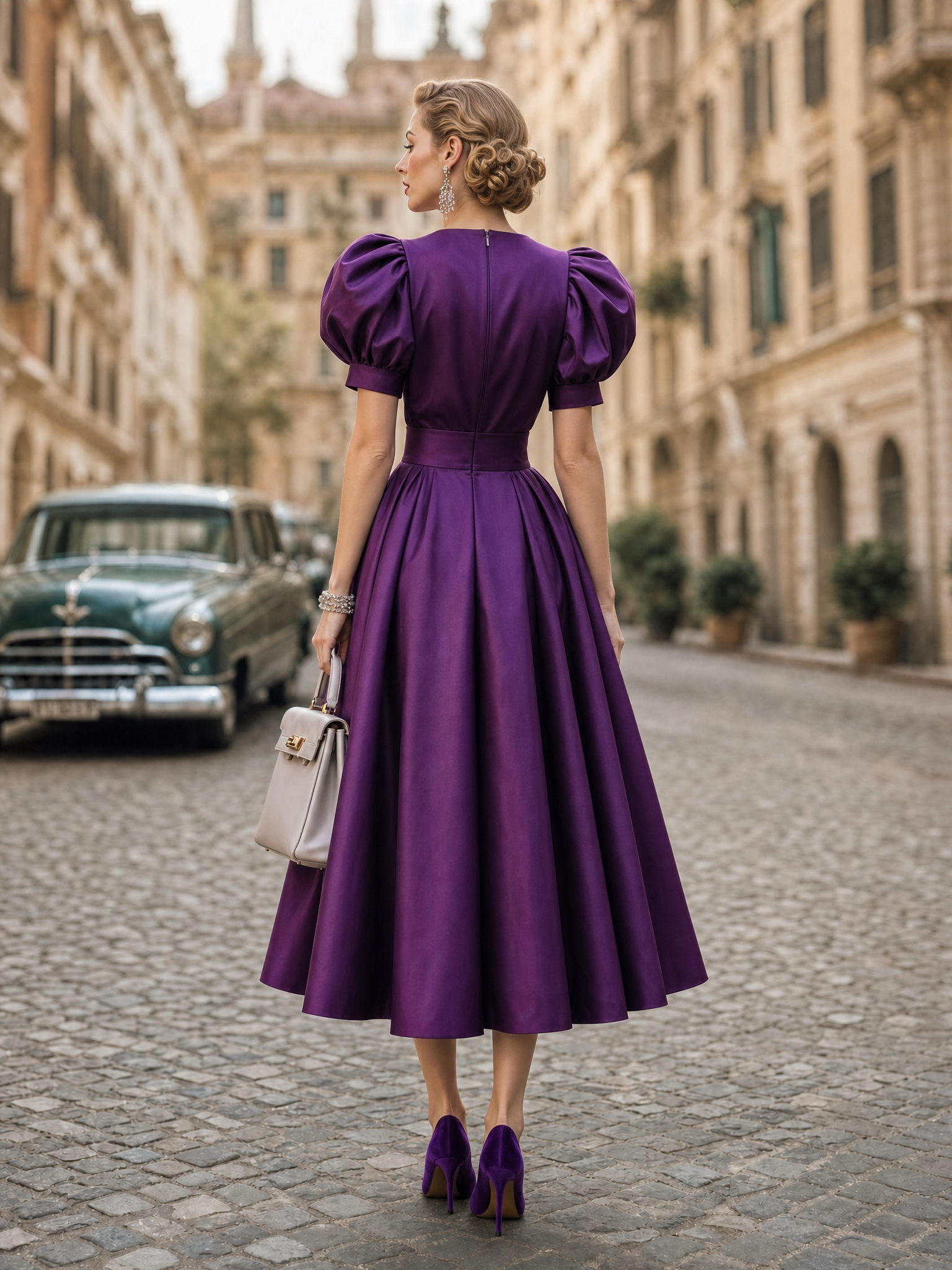 Vintage Elegant Shiny Puff Sleeve Midi Dress