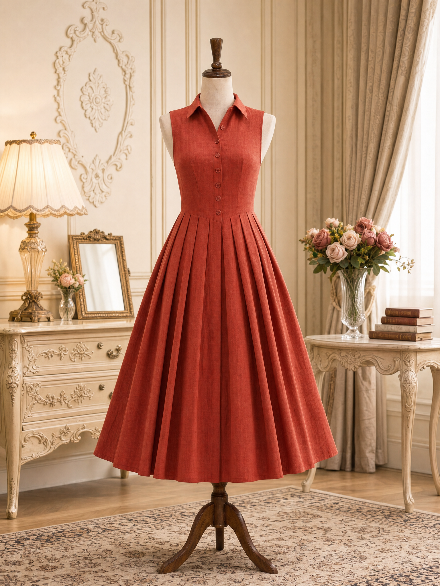 Vintage Linen Cotton Pleated Sleeveless Midi Dress