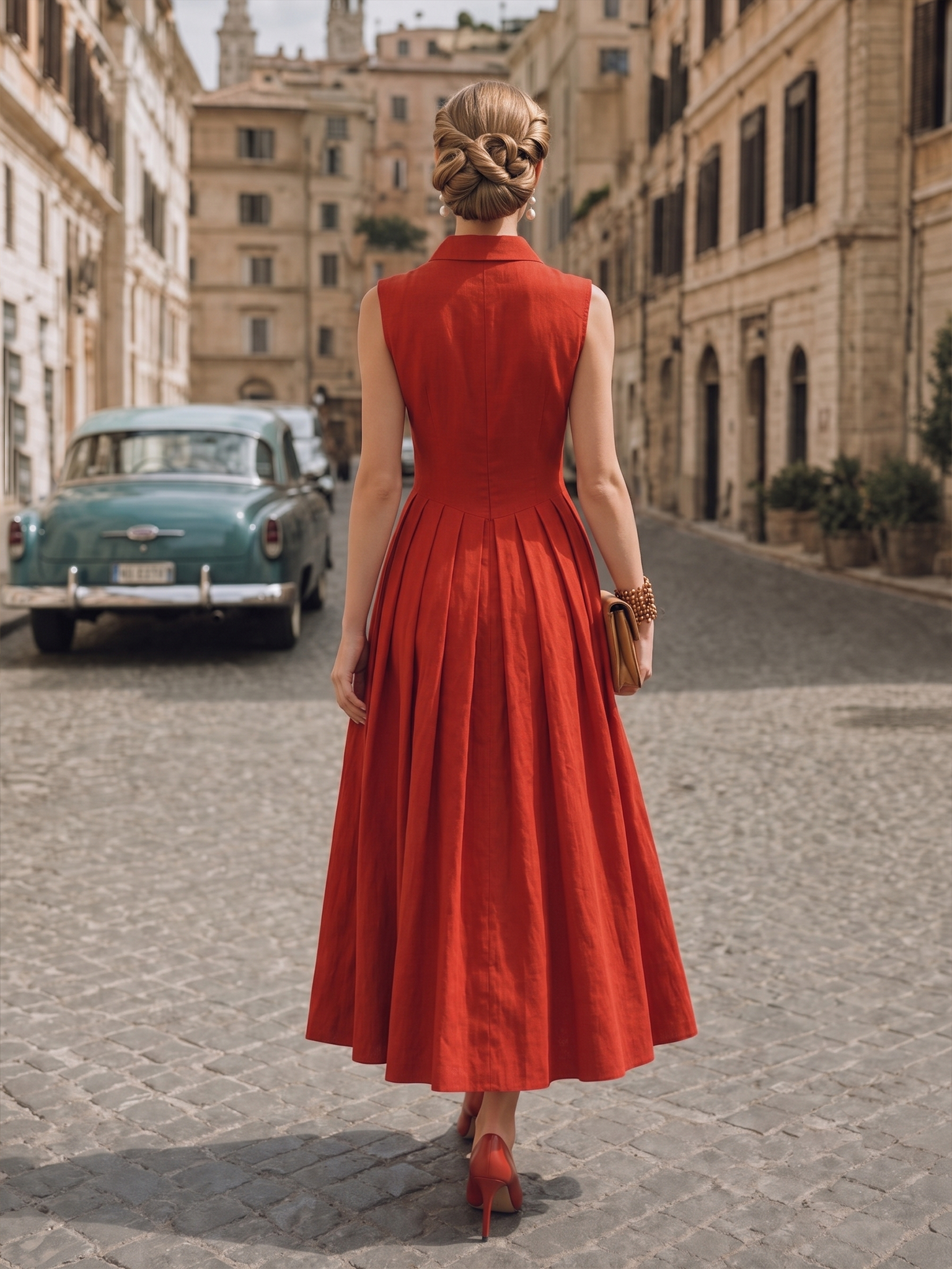 Vintage Linen Cotton Pleated Sleeveless Midi Dress