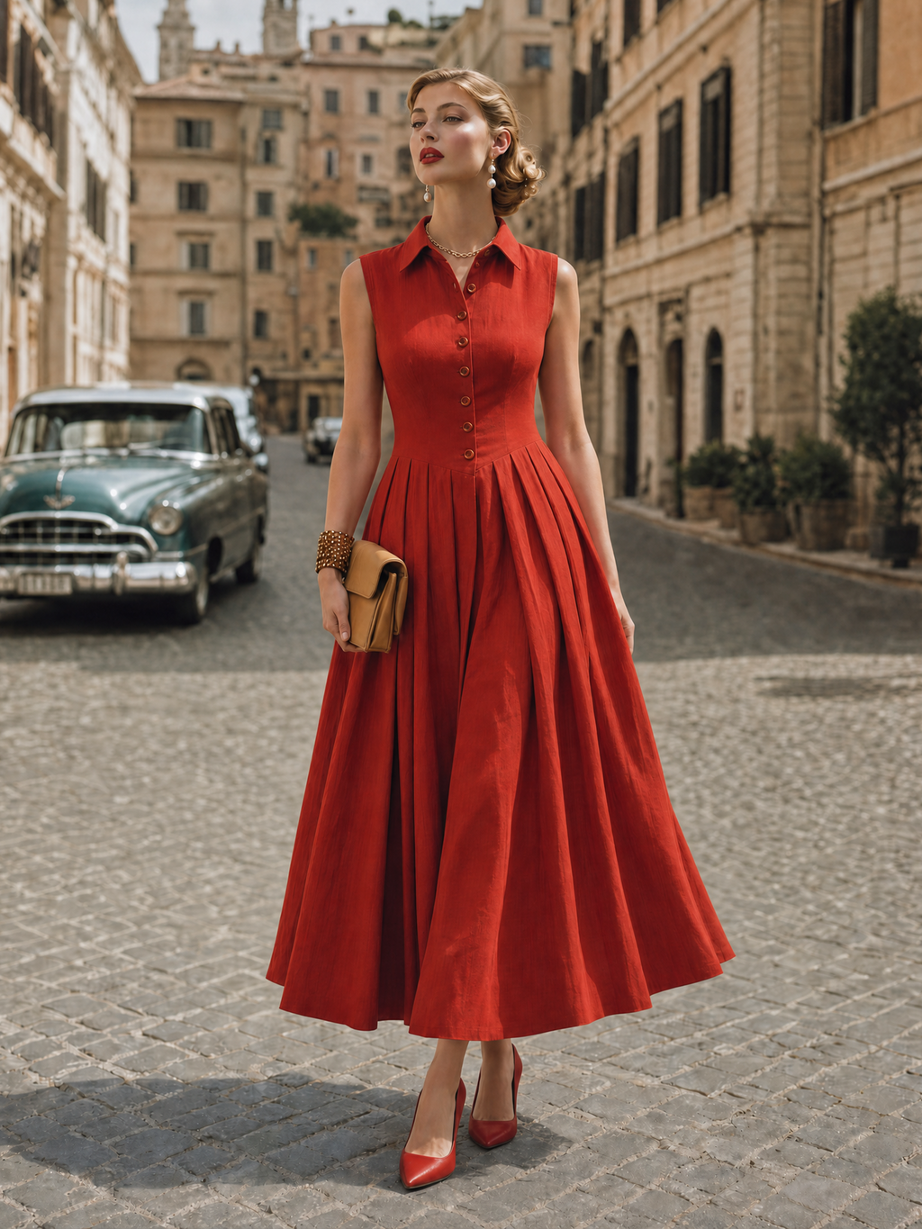 Vintage Linen Cotton Pleated Sleeveless Midi Dress