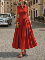 Vintage Linen Cotton Pleated Sleeveless Midi Dress