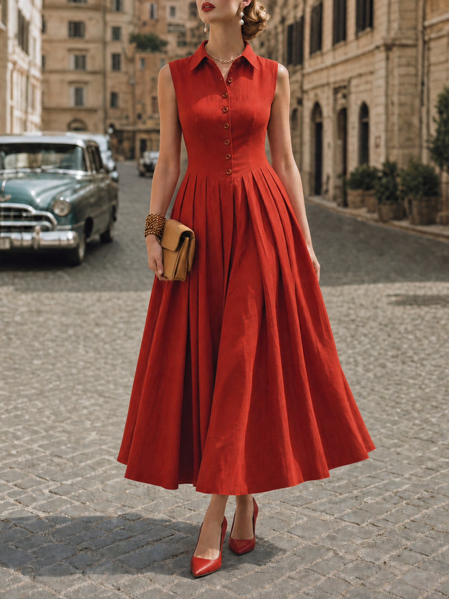 Vintage Linen Cotton Pleated Sleeveless Midi Dress