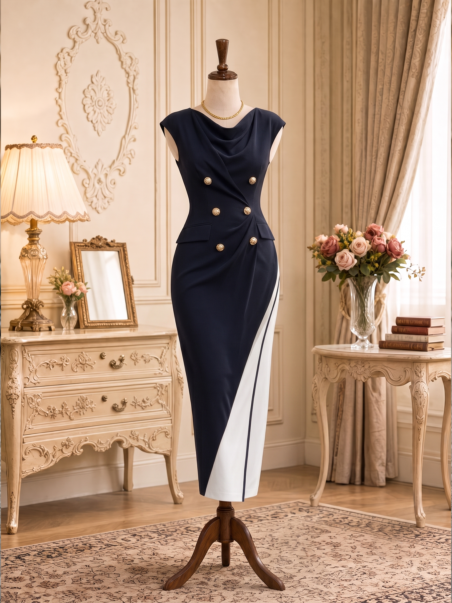 Vintage Intellectual Colorblock Bodycon Midi Dress