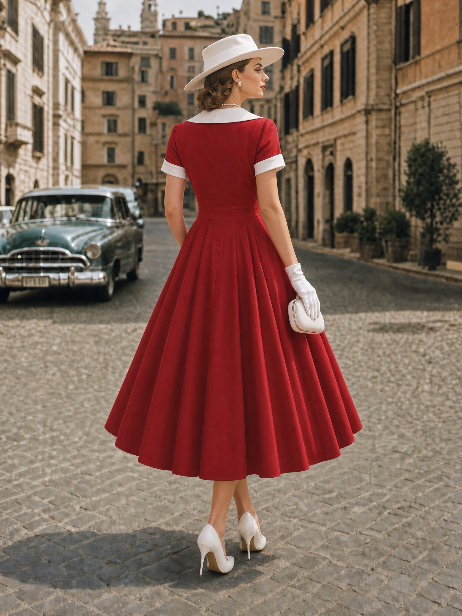 Vintage V-Neck Slant Placket A-Line Midi Dress