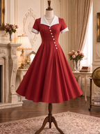 Vintage V-Neck Slant Placket A-Line Midi Dress
