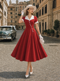 Vintage V-Neck Slant Placket A-Line Midi Dress