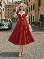 Vintage V-Neck Slant Placket A-Line Midi Dress