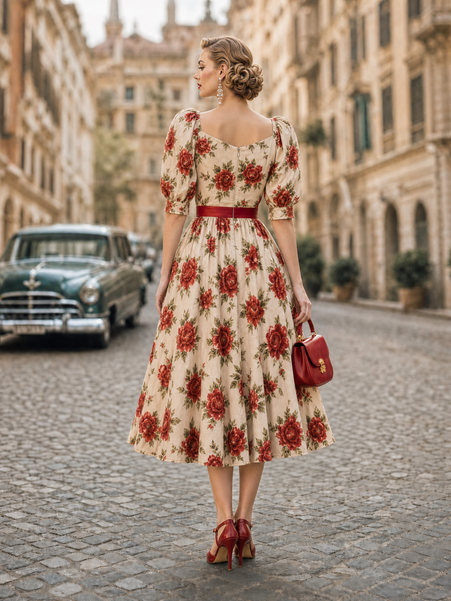 Vintage Romantic Printed Waist-Cinched Midi Dress