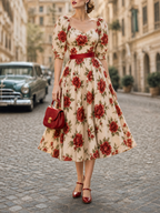 Vintage Romantic Printed Waist-Cinched Midi Dress