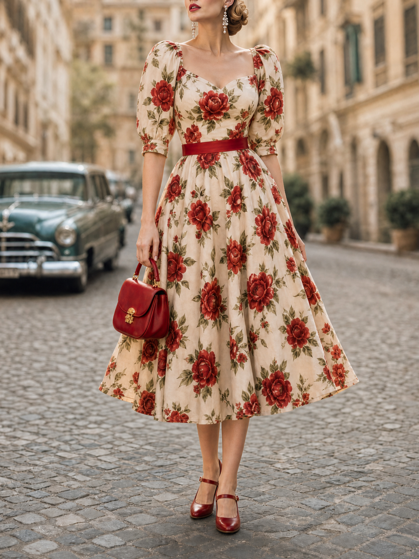 Vintage Romantic Printed Waist-Cinched Midi Dress