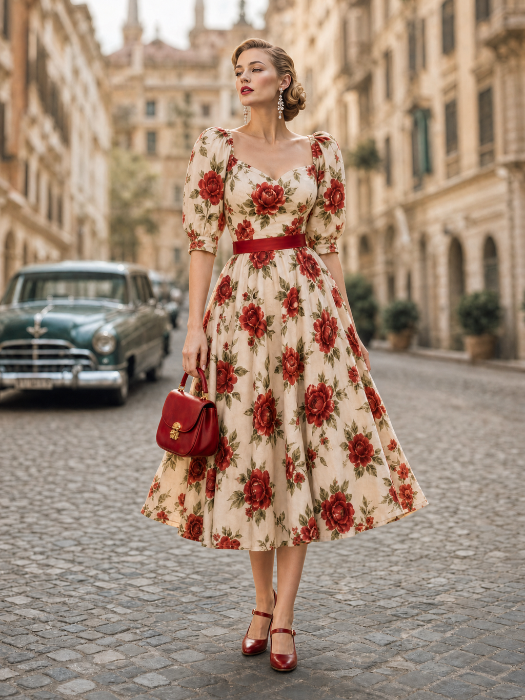 Vintage Romantic Printed Waist-Cinched Midi Dress