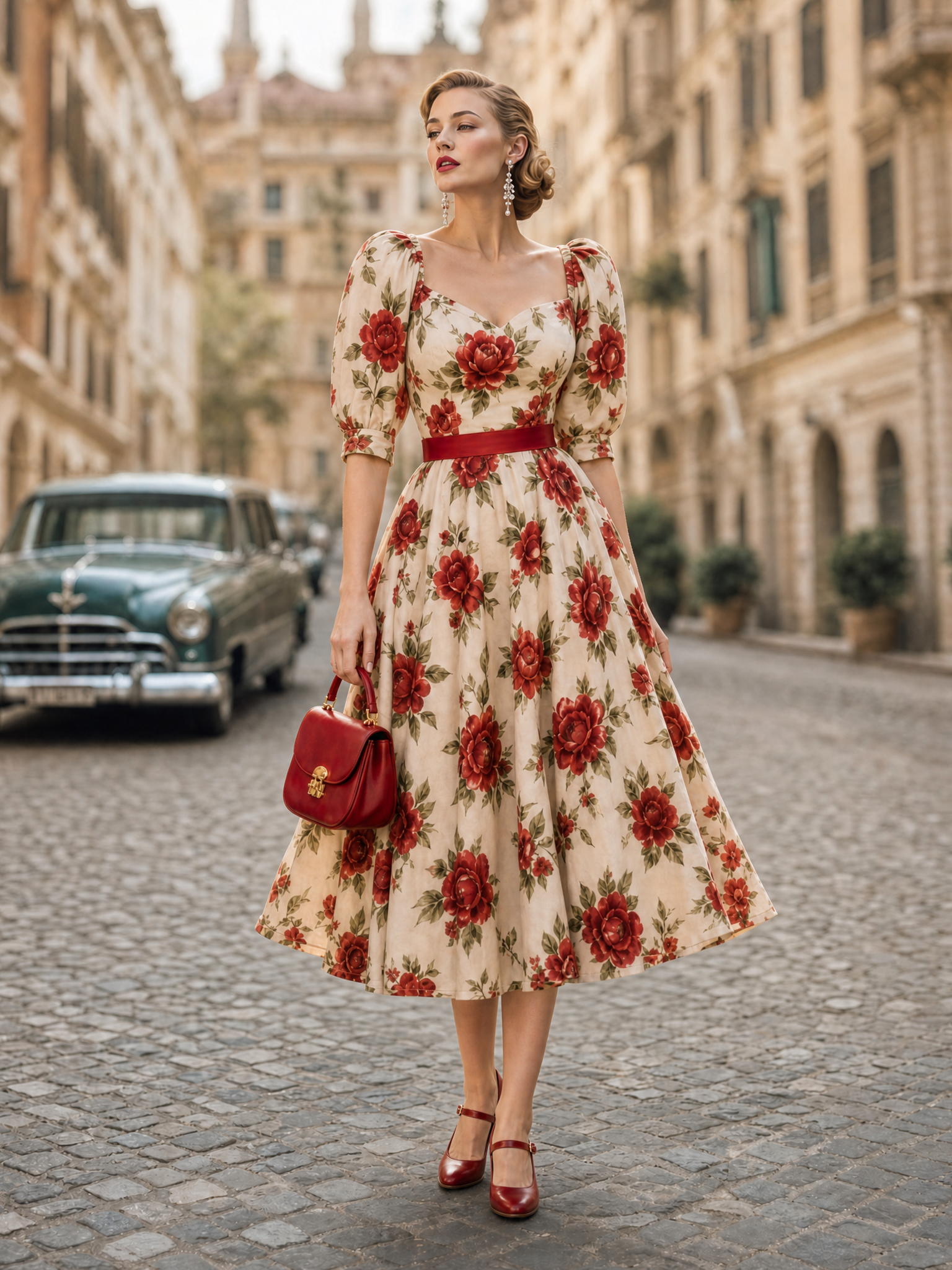 Vintage Romantic Printed Waist-Cinched Midi Dress