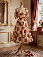 Vintage Romantic Printed Waist-Cinched Midi Dress