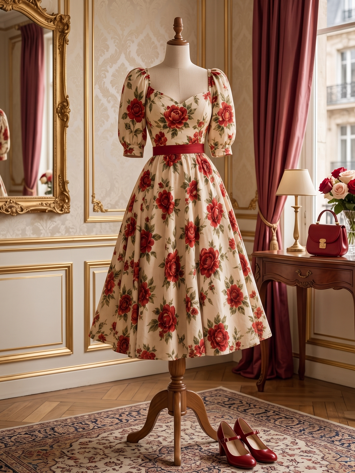 Vintage Romantic Printed Waist-Cinched Midi Dress