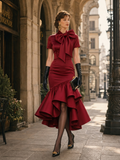 Vintage Satin Ruffle Bow Bodycon Midi Dress