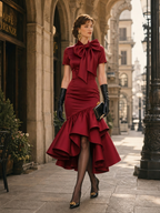 Vintage Satin Ruffle Bow Bodycon Midi Dress
