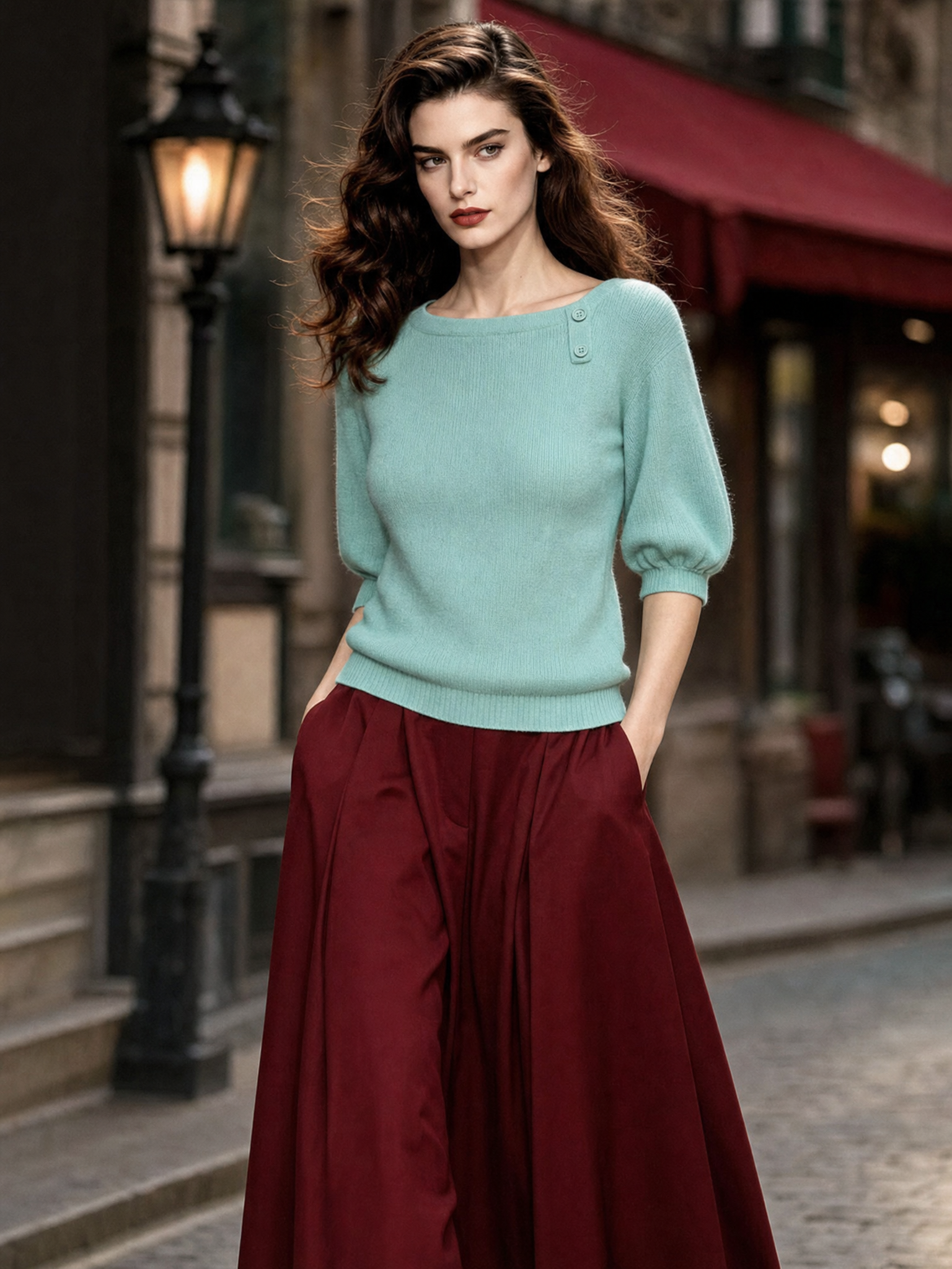 Vintage Boat Neck Lantern Short Sleeve Knit Top