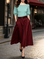 Vintage Pleated High Waist Full Flared Midi Skirt