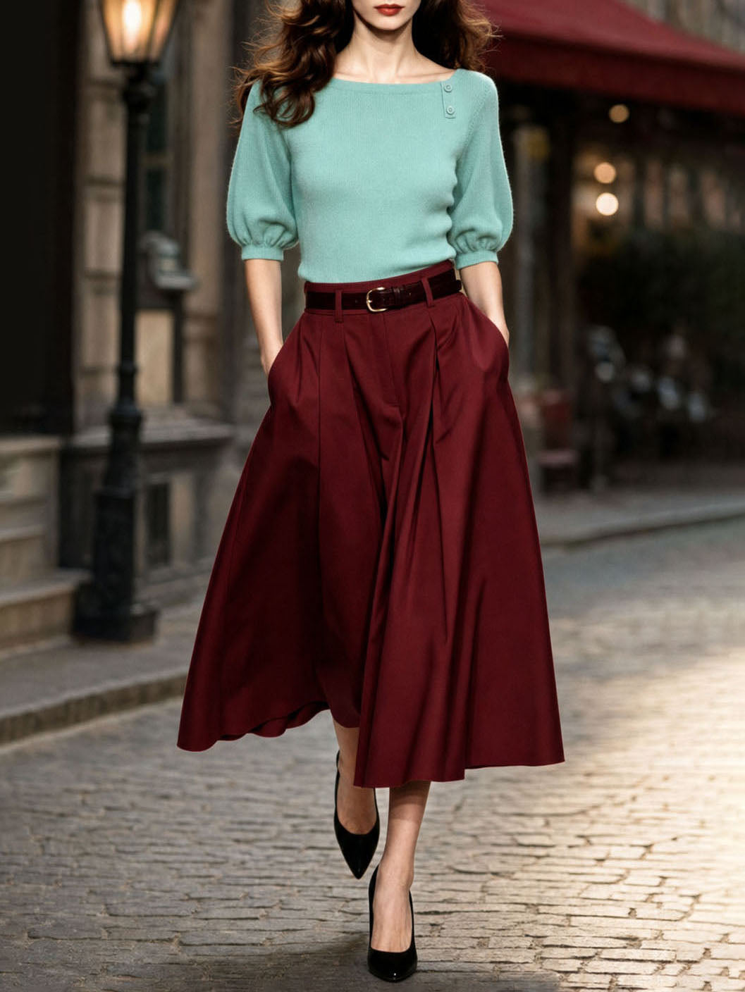 Vintage Pleated High Waist Full Flared Midi Skirt