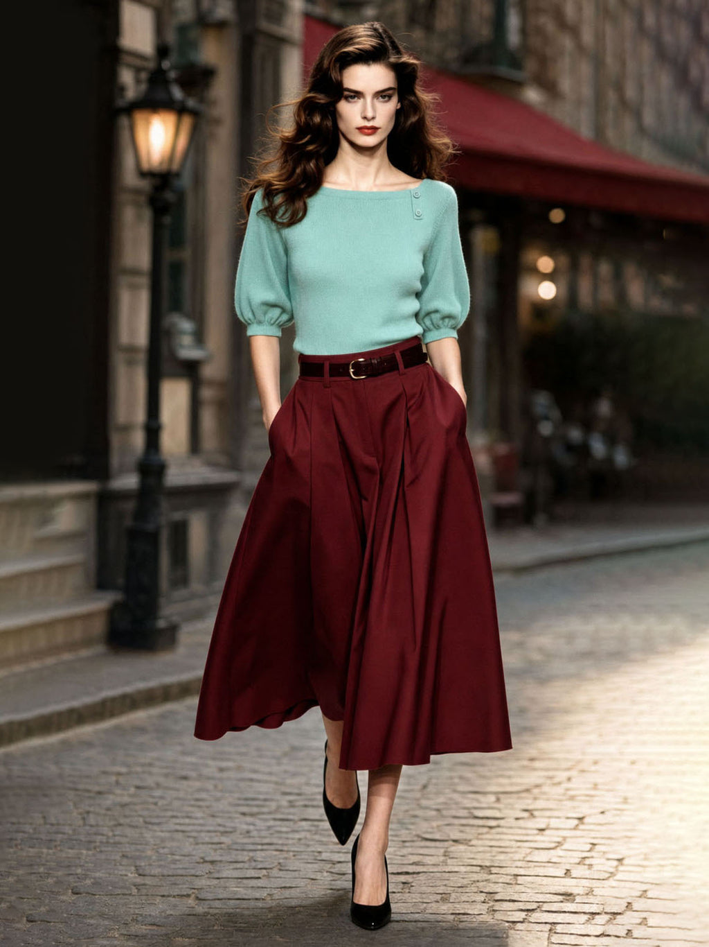 Vintage Pleated High Waist Full Flared Midi Skirt