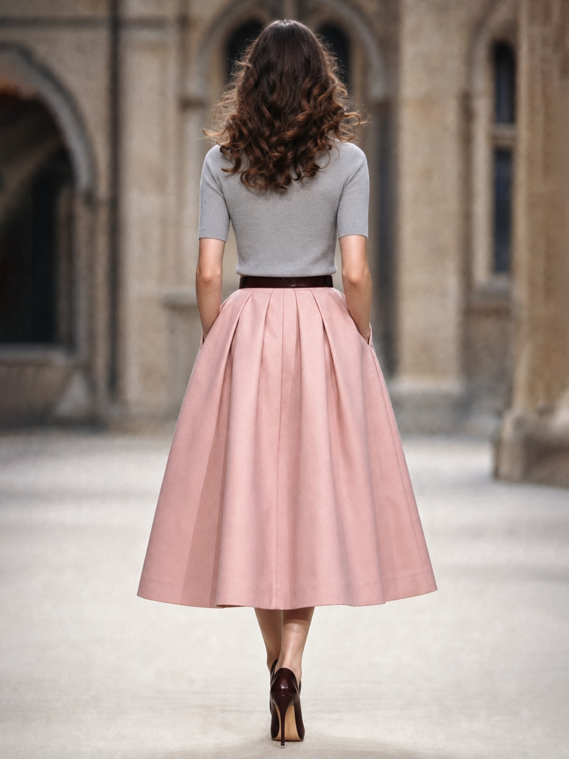 Vintage Pleated High Waist Full Flared Midi Skirt