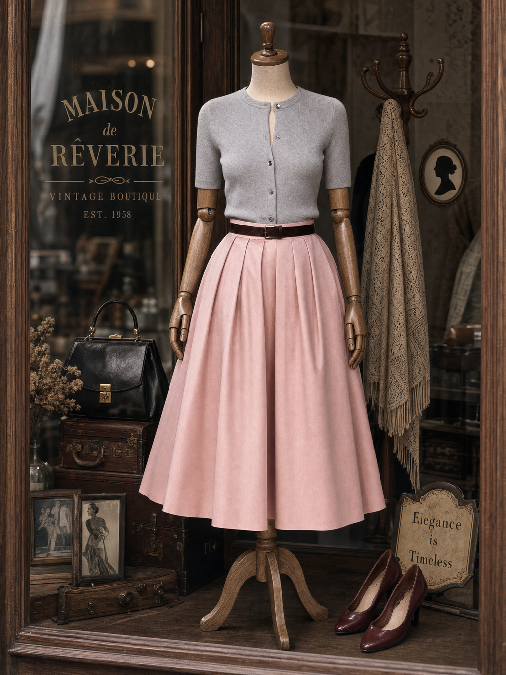 Vintage Pleated High Waist Full Flared Midi Skirt