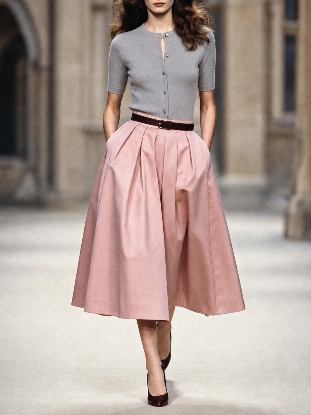 Vintage Pleated High Waist Full Flared Midi Skirt
