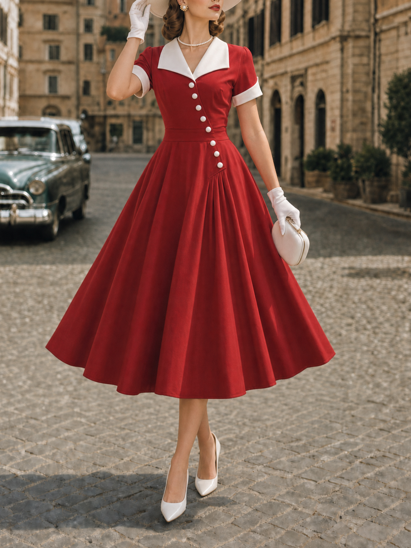 Vintage V-Neck Slant Placket A-Line Midi Dress