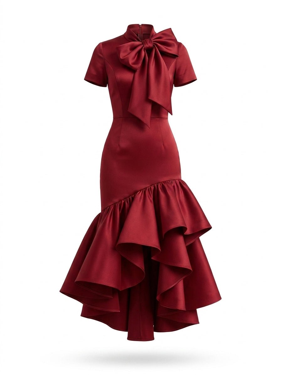 Vintage Satin Ruffle Bow Bodycon Midi Dress