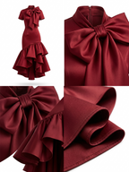 Vintage Satin Ruffle Bow Bodycon Midi Dress