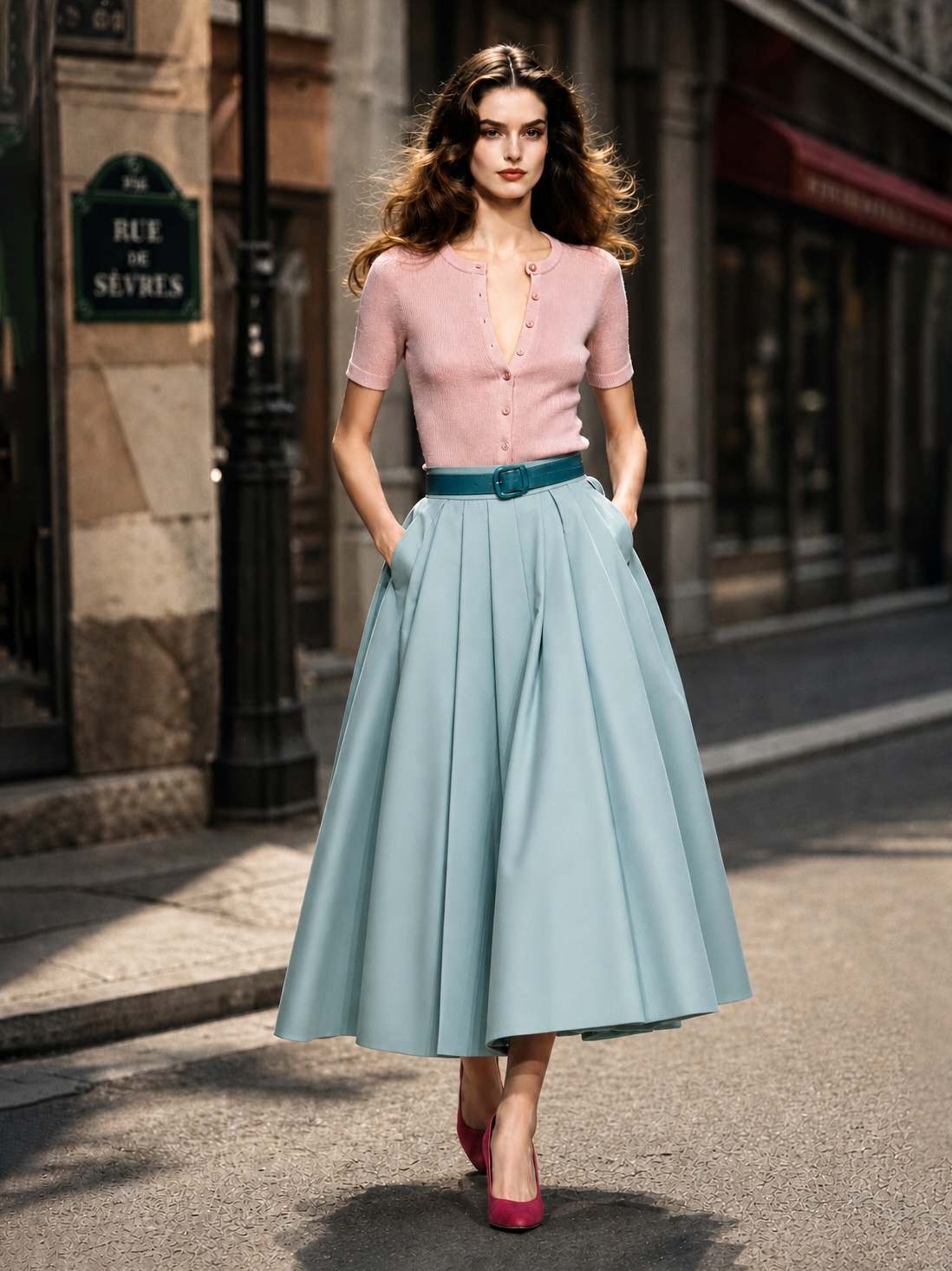 Vintage Pleated High Waist Full Flared Maxi Skirt