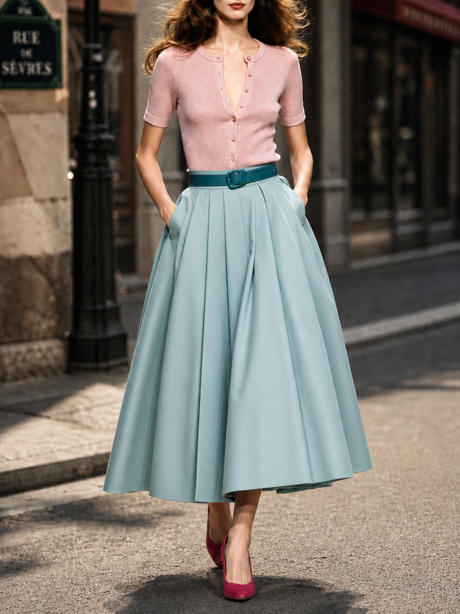 Vintage Pleated High Waist Full Flared Maxi Skirt