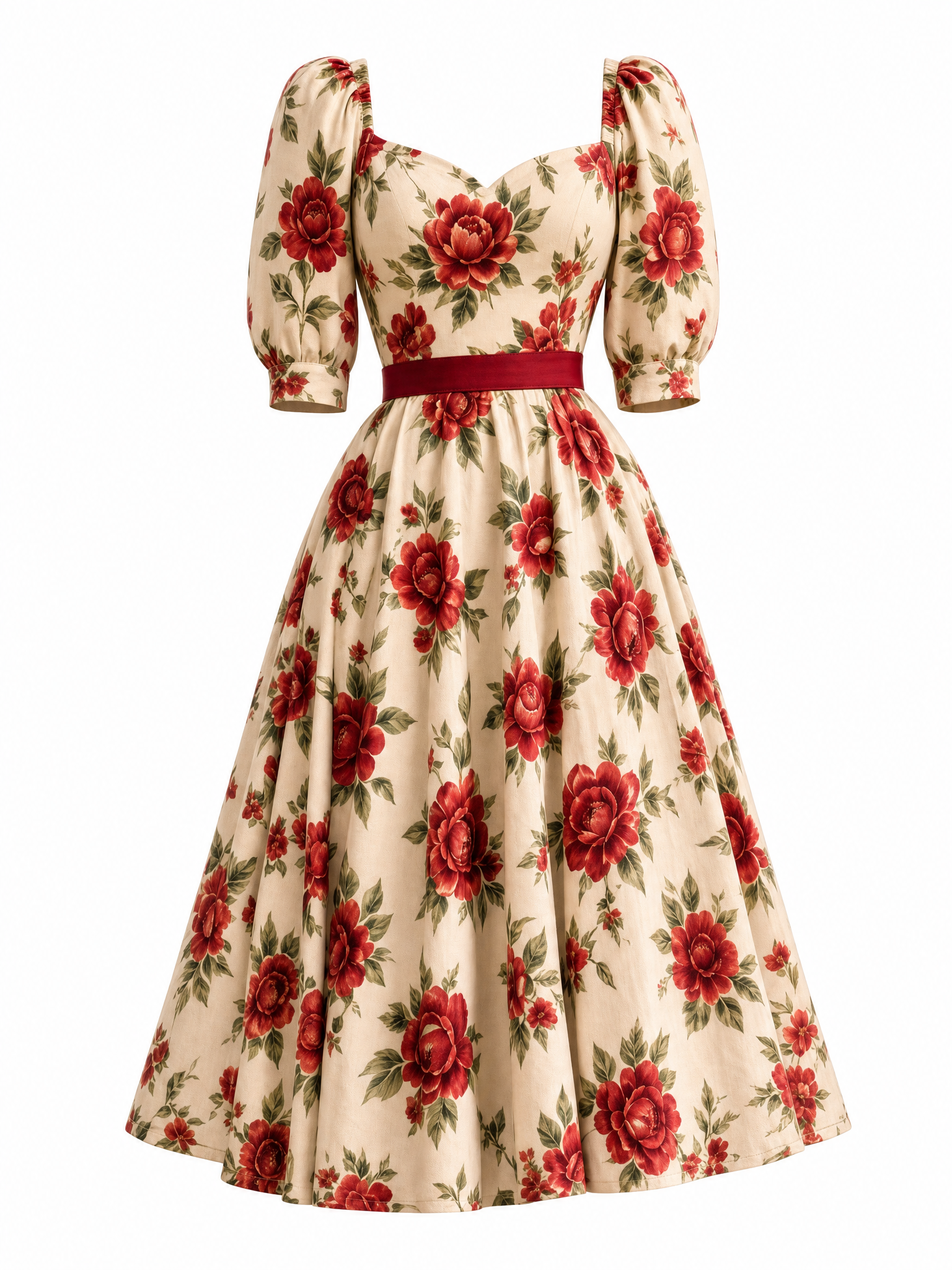 Vintage Romantic Printed Waist-Cinched Midi Dress