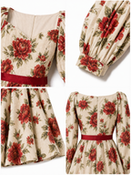 Vintage Romantic Printed Waist-Cinched Midi Dress