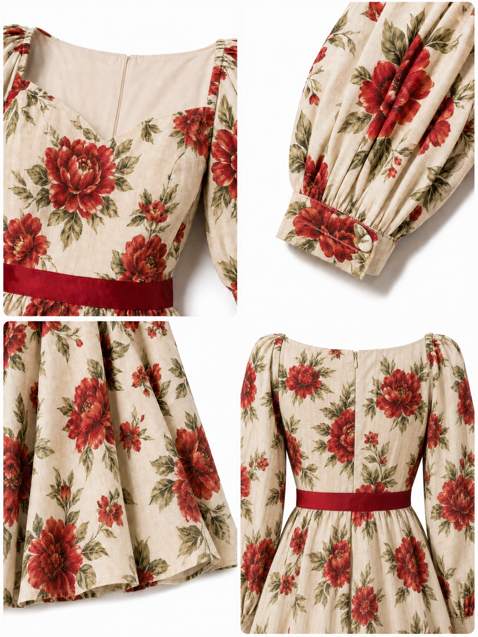 Vintage Romantic Printed Waist-Cinched Midi Dress