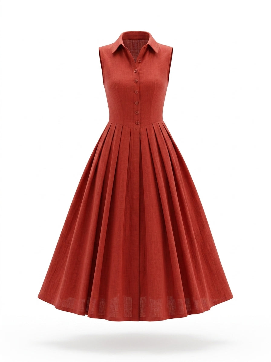 Vintage Linen Cotton Pleated Sleeveless Midi Dress