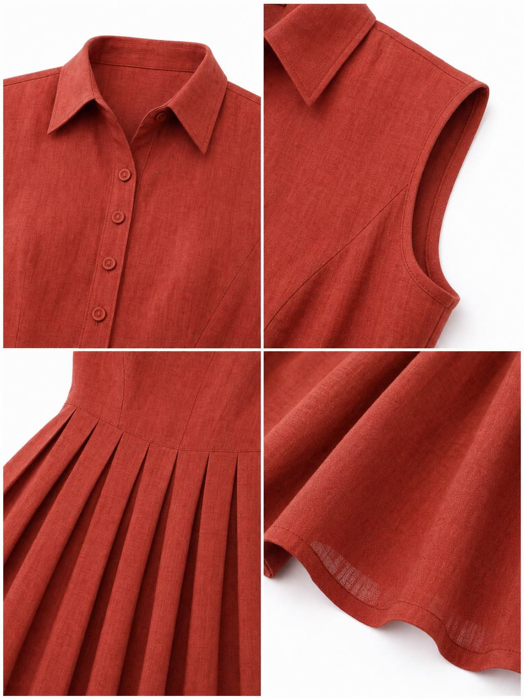 Vintage Linen Cotton Pleated Sleeveless Midi Dress