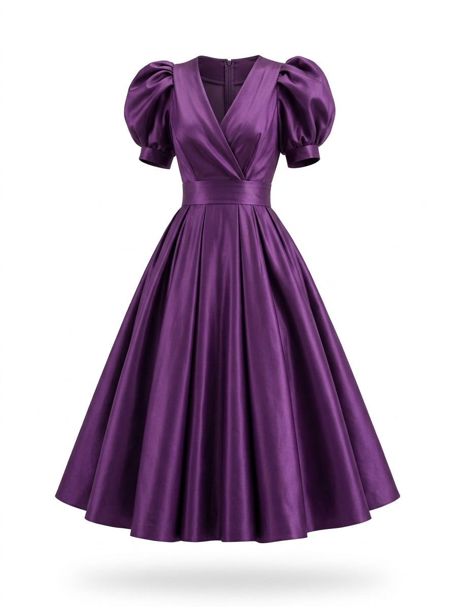 Vintage Elegant Shiny Puff Sleeve Midi Dress