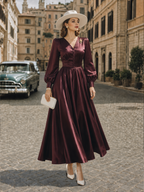 Vintage Elegant Shiny Waist-Cinched Lantern Sleeve Midi Dress