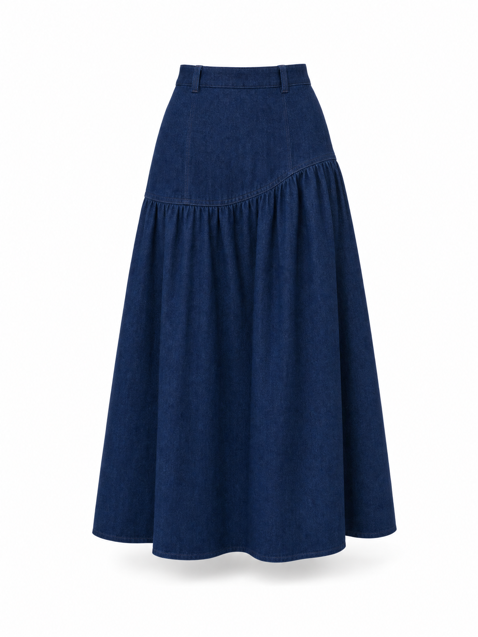 Vintage Asymmetric Gathered Denim Midi Skirt