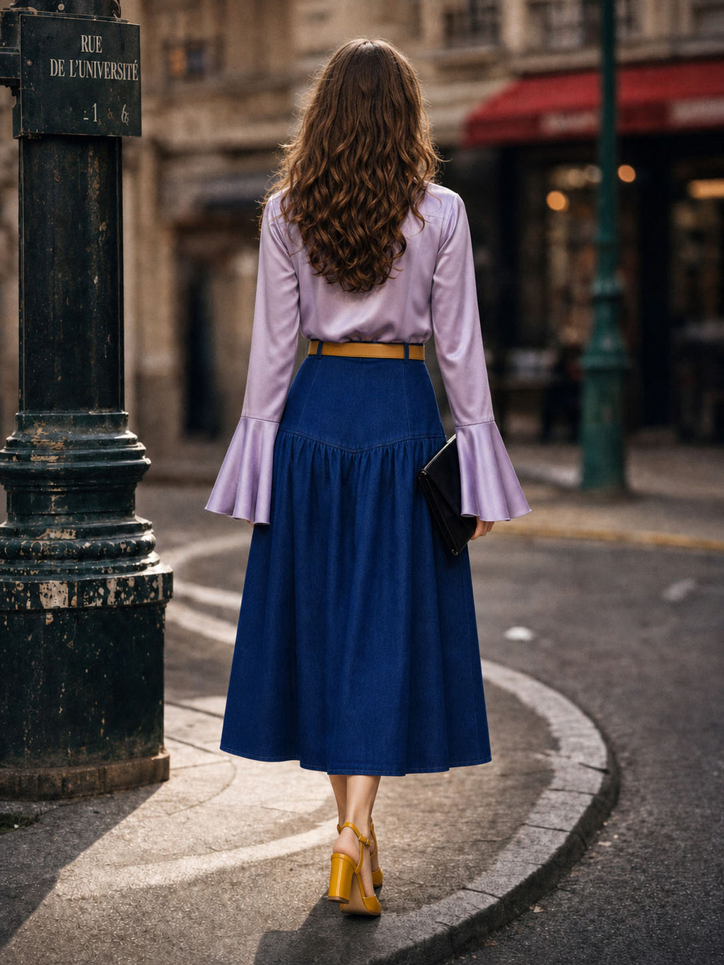 Vintage Asymmetric Gathered Denim Midi Skirt