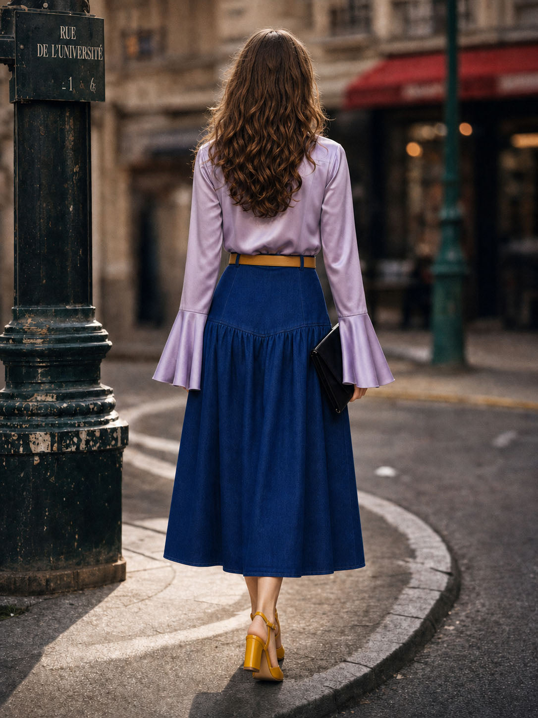 Vintage Asymmetric Gathered Denim Midi Skirt