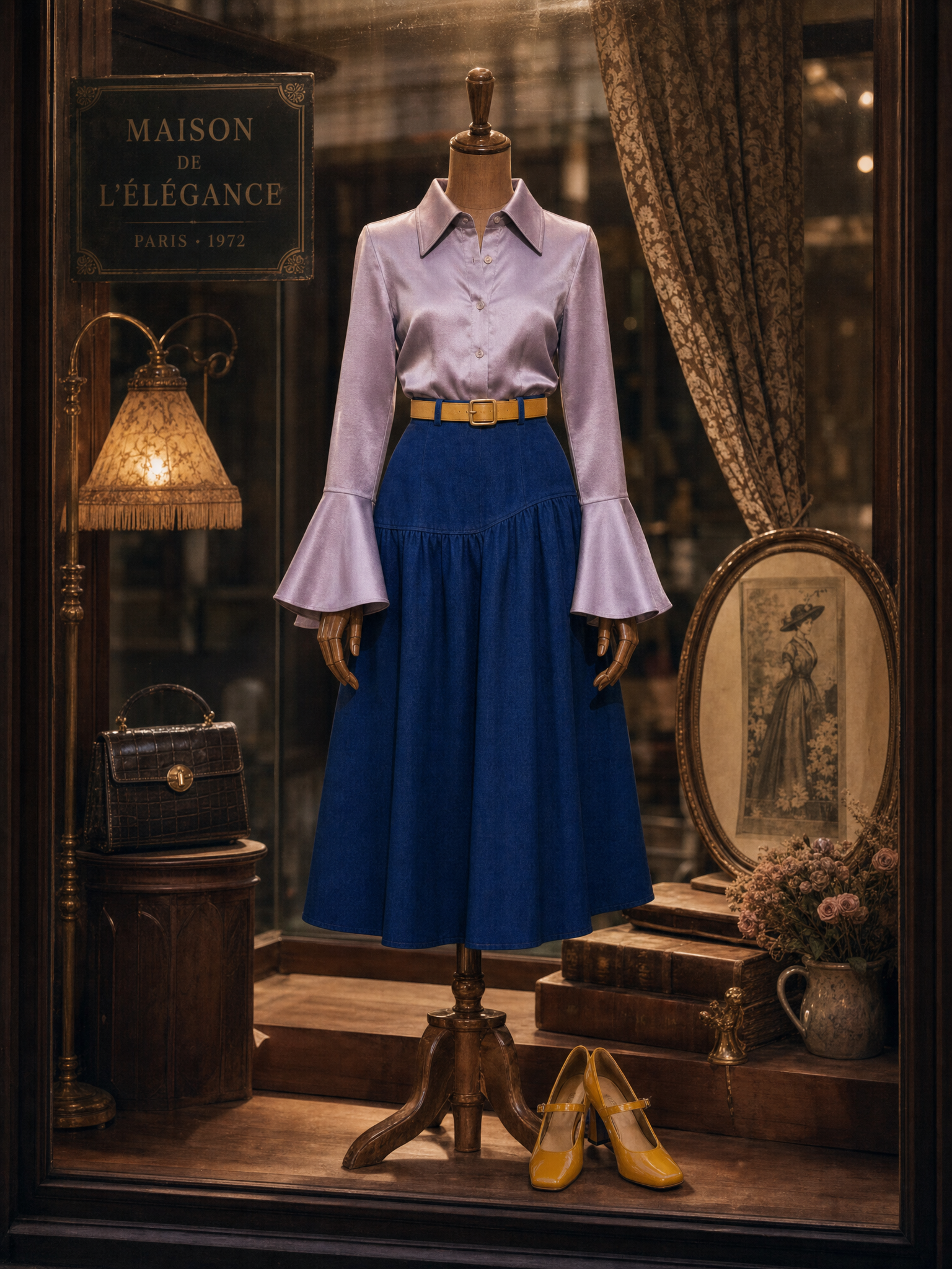 Vintage Asymmetric Gathered Denim Midi Skirt