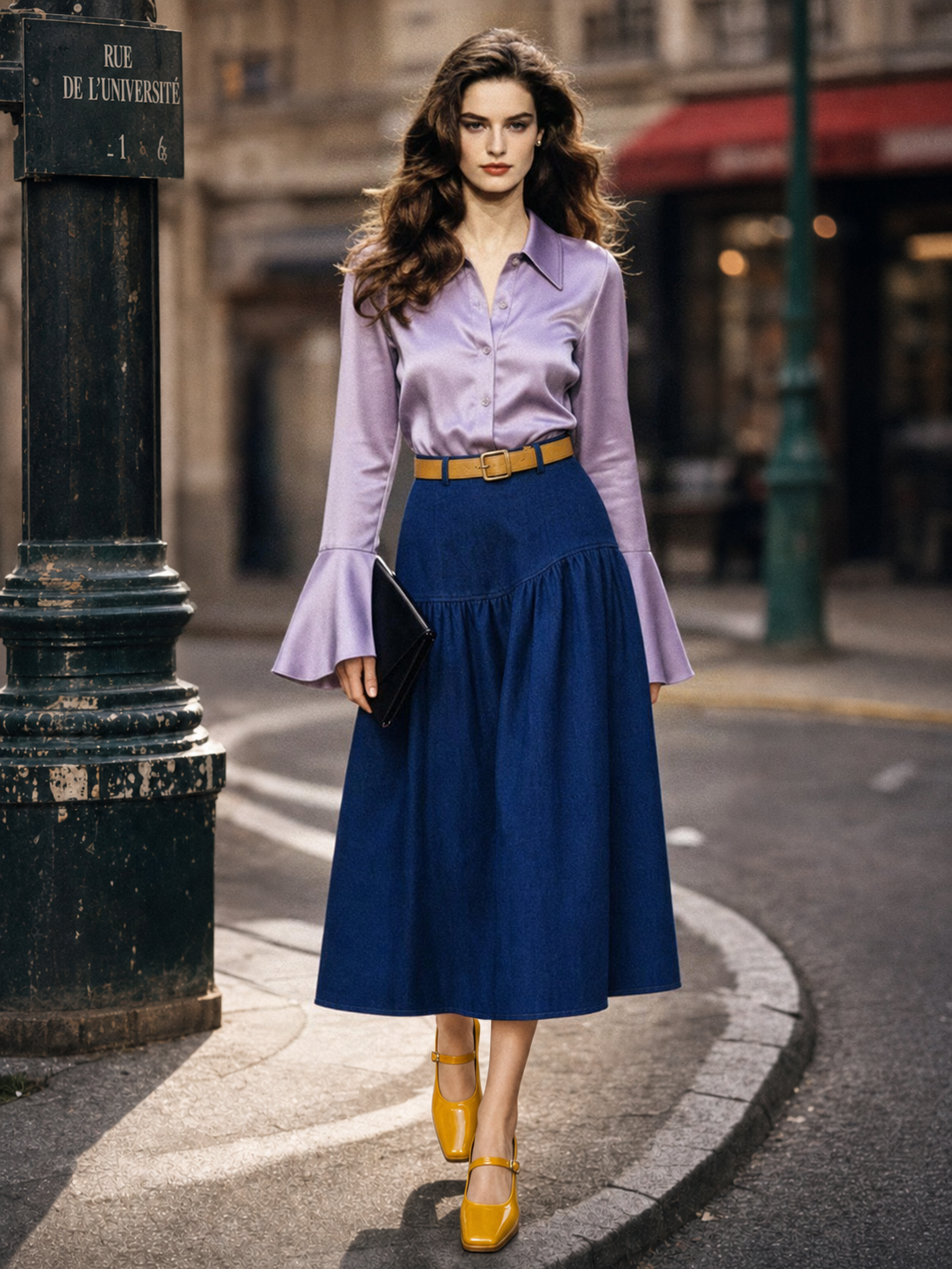 Vintage Asymmetric Gathered Denim Midi Skirt