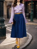 Vintage Asymmetric Gathered Denim Midi Skirt