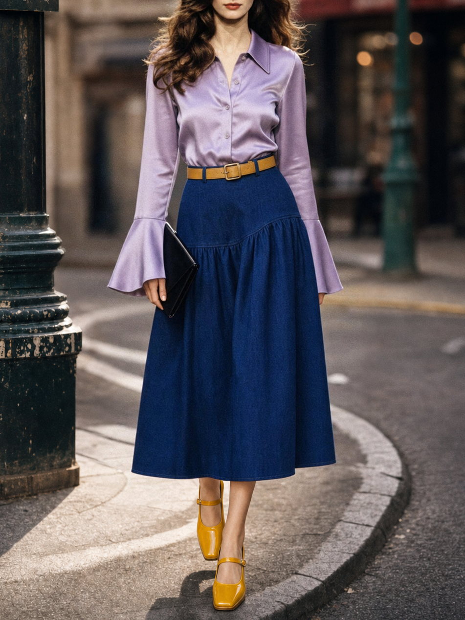 Vintage Asymmetric Gathered Denim Midi Skirt