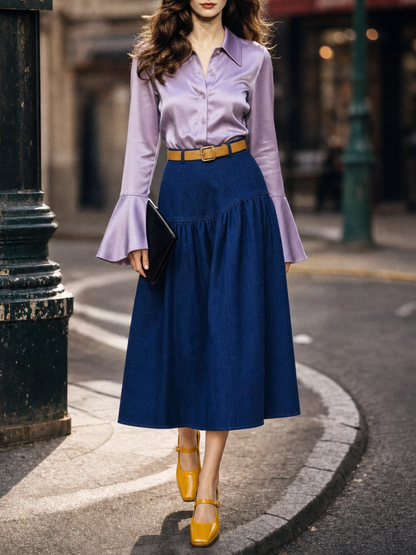 Vintage Asymmetric Gathered Denim Midi Skirt