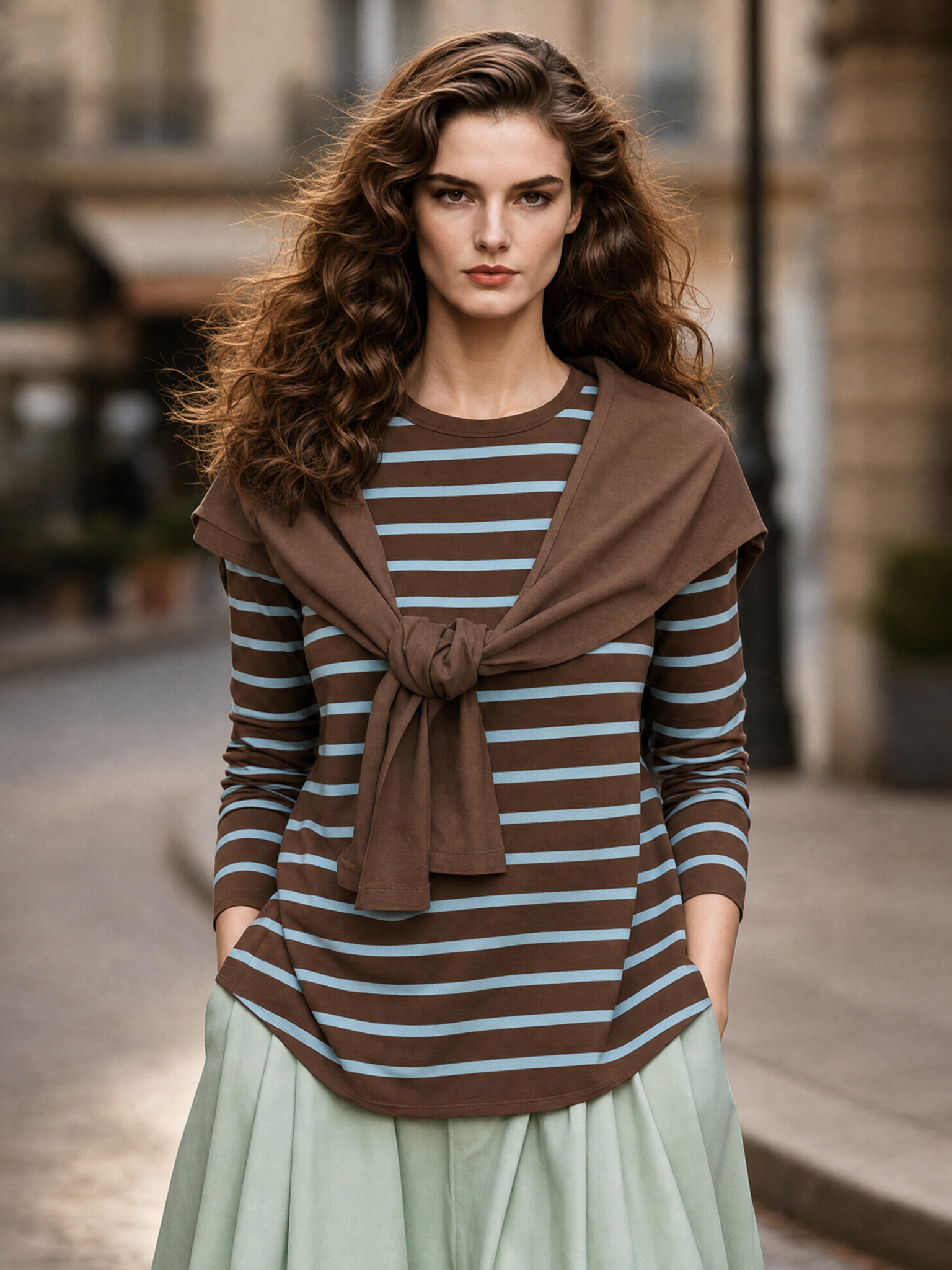 Vintage Striped T-Shirt With Shawl Two-Piece Top