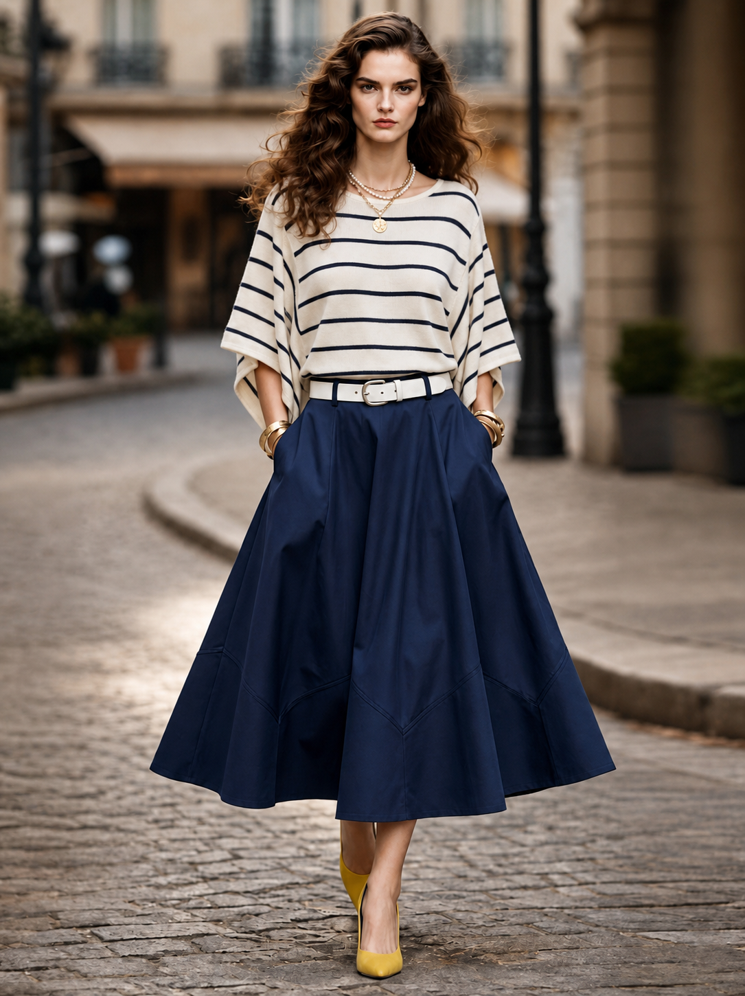 Vintage High Waist Panel Swing Midi Skirt