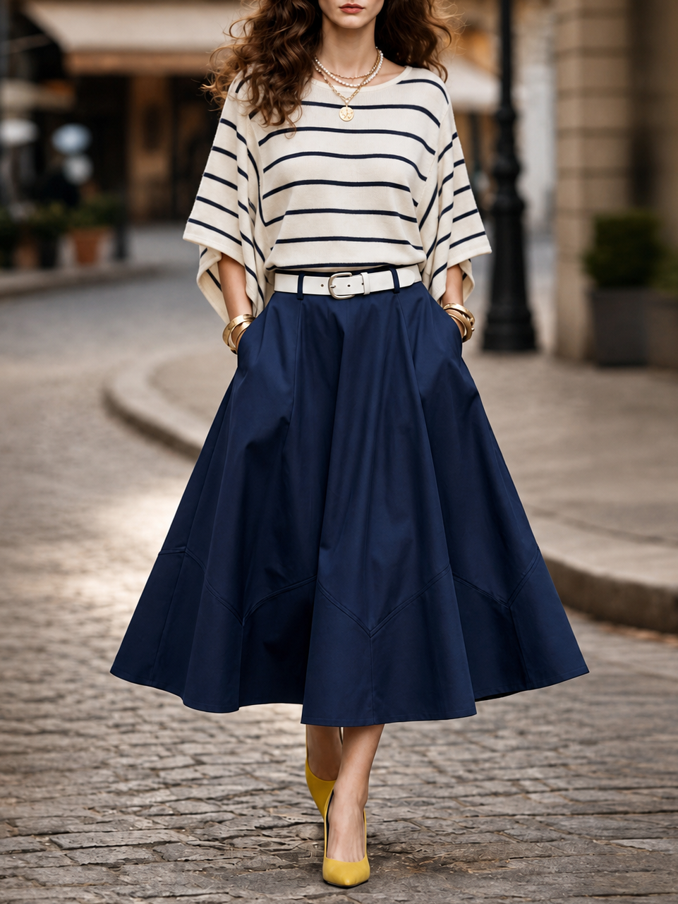 Vintage High Waist Panel Swing Midi Skirt